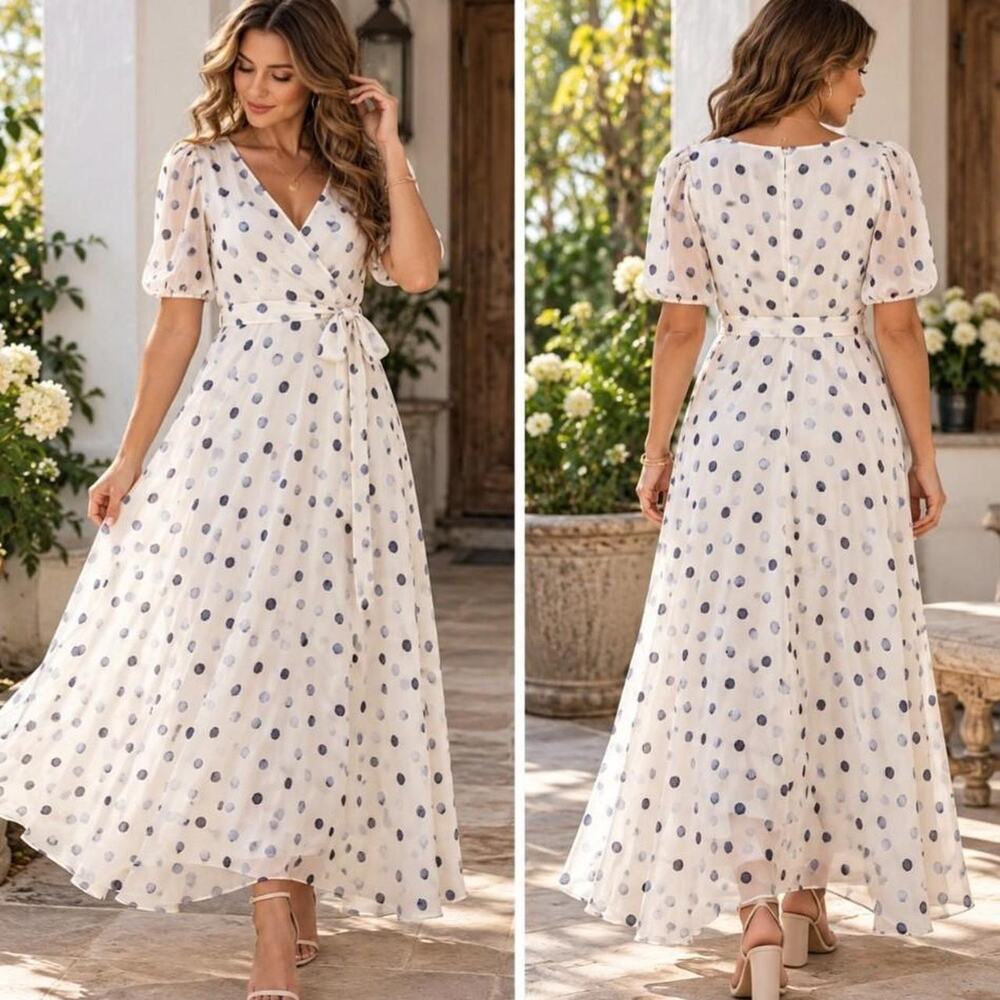 Harper Rose Size 8 Ivory Blue Watercolor Polka Dot Chiffon Dress